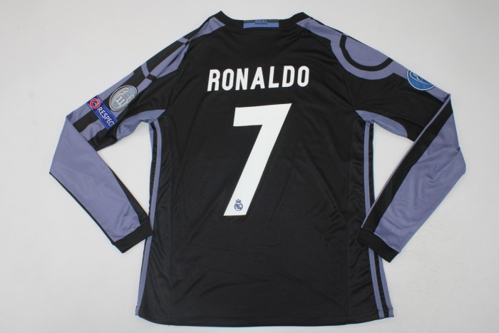 with FIFA Golden+UCL Patch Long Sleeve Retro Jersey 2016-2017 Real Madrid RONALDO 7 Third Away Black Soccer Jersey Vintage Real Camisetas de Futbol