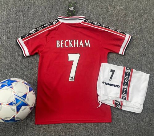 Retro Youth Uniform Kids Kit 1998-1999 Manchester United BECKHAM 7 Home Soccer Jersey Shorts Vintage Child Football Set