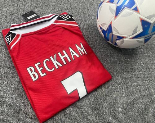 Retro Youth Uniform Kids Kit 1998-1999 Manchester United BECKHAM 7 Home Soccer Jersey Shorts Vintage Child Football Set