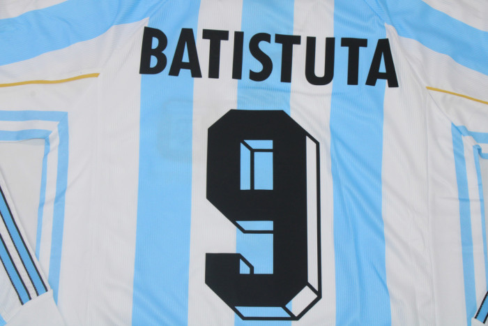 with Front Lettering Long Sleeve Retro Jersey 1998 Argentina BATISTUTA 9 Home Soccer Jersey Vintage Football Shirt