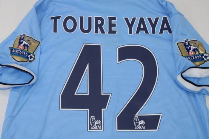 with Golden EPL Patch Retro Jersey 2013-2014 Manchester City TOURE YAYA 42 Home Soccer Jersey Vintage Man City Football Shirt
