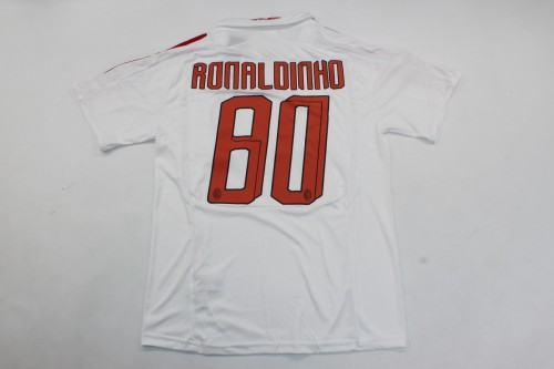 with Champions UCL+Trophy 7 Patch Retro Jersey 2007-2008 AC Milan RONALDINHO 80 Away White Soccer Jersey Vintage Football Shirt