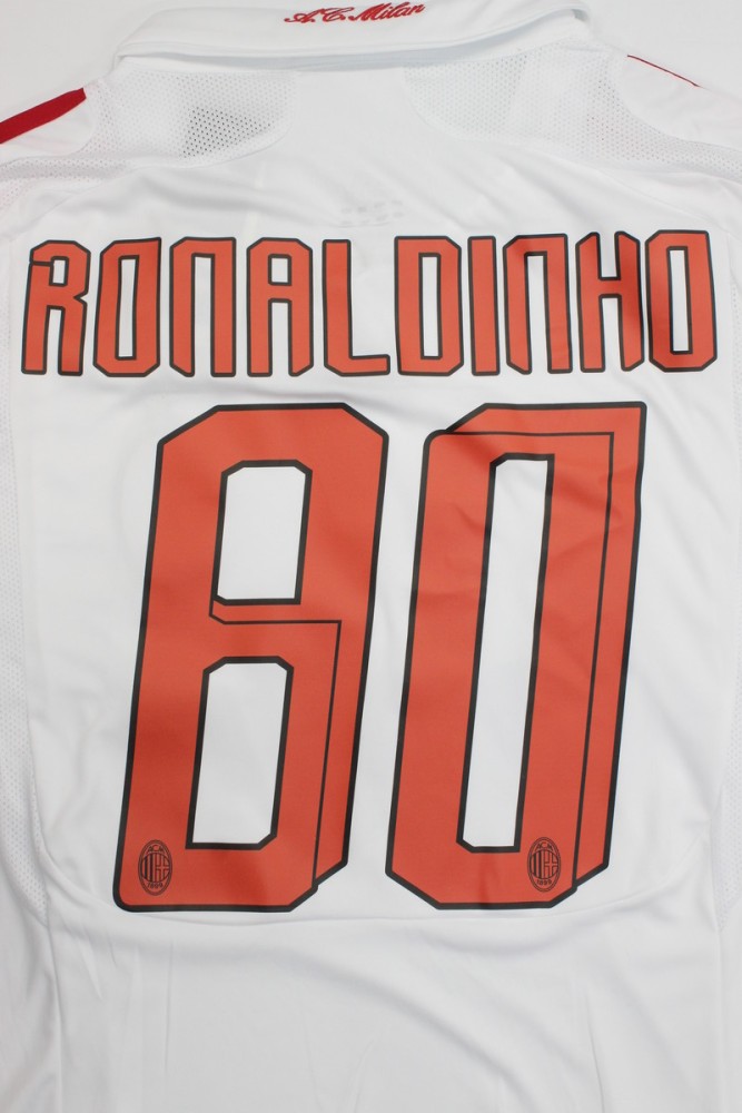 with Champions UCL+Trophy 7 Patch Retro Jersey 2007-2008 AC Milan RONALDINHO 80 Away White Soccer Jersey Vintage Football Shirt