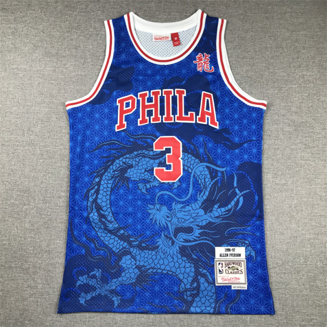 Mitchell&ness 1996-97 Philadelphia 76ers Basketball Shirt 3 ALLEN IVERSON Blue Dragon NBA Jersey