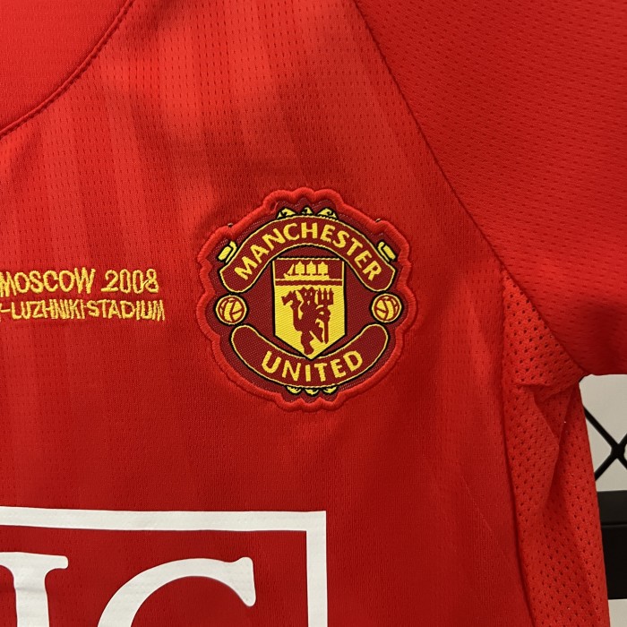 with Front Lettering Retro Youth Uniform 2007-2008 Manchester United UCL Final Home Soccer Jersey Shorts Vintage Child Football Kit