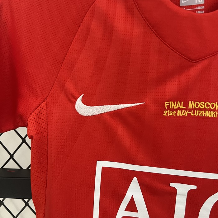with Front Lettering Retro Youth Uniform 2007-2008 Manchester United UCL Final Home Soccer Jersey Shorts Vintage Child Football Kit