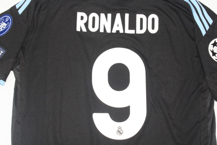 with UCL Patch Retro Jersey 2009-2010 Real Madrid RONALDO 9 Away Black Soccer Jersey Vintage Real Football Shirt