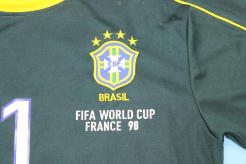 with Front Lettering Retro Jersey 1998 Brazil Dark Green Goalkeeper Soccer Jersey Vintage Brasil Camisetas de Futbol