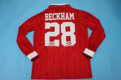 with Front Champions Lettering+EPL Patch Long Sleeve Retro Jersey 1993-1994 Manchester United BECKHAM 28 Home Soccer Jersey