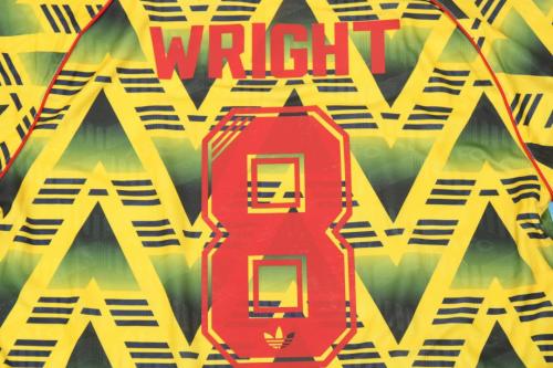 with EPL Patch Long Sleeve Retro Jersey 1991-1993 Arsenal WRIGHT 8 Away Yellow Vintage Soccer Jersey