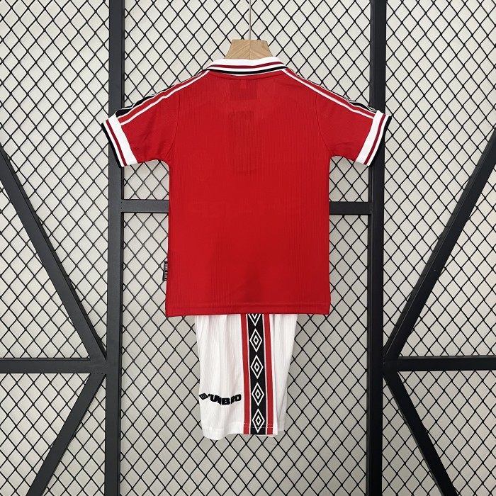 Retro Youth Uniform Kids Kit 1998-1999 Manchester United Home Soccer Jersey Shorts Vintage Child Football Set