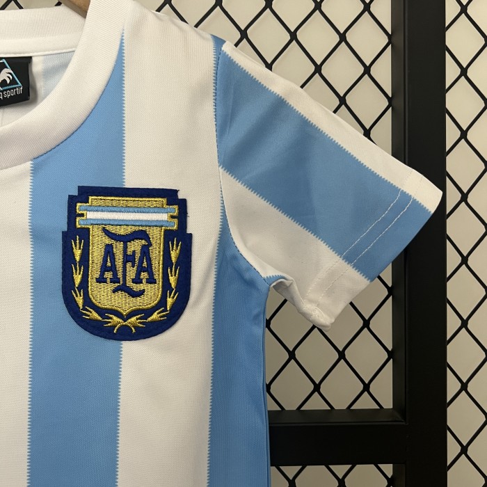 Retro Youth Uniform Kids Kit 1986 Argentina Home Soccer Jersey Shorts Vintage Child Football Set