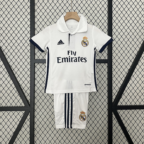 Retro Youth Uniform Kids Kit 2016-2017 Real Madrid Home Soccer Jersey Shorts Child Football Set