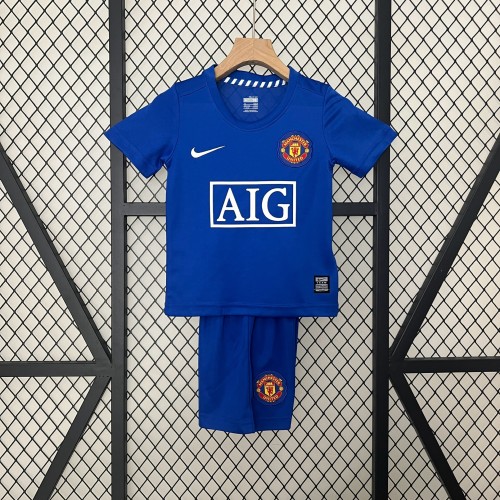 Retro Youth Uniform Kids Kit 2008-2009 Manchester United Third Away Blue Soccer Jersey Shorts Vintage Child Football Set