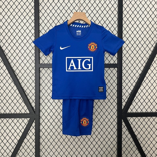 Retro Youth Uniform Kids Kit 2008-2009 Manchester United Third Away Blue Soccer Jersey Shorts Vintage Child Football Set