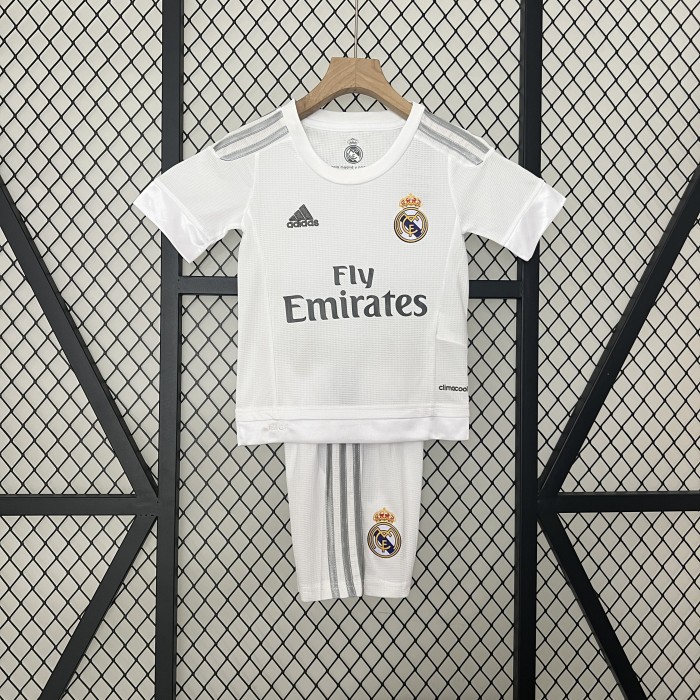 Retro Youth Uniform Kids Kit 2015-2016 Real Madrid Home Soccer Jersey Shorts Vintage Child Football Set