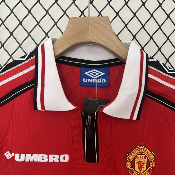 Retro Youth Uniform Kids Kit 1998-1999 Manchester United Home Soccer Jersey Shorts Vintage Child Football Set