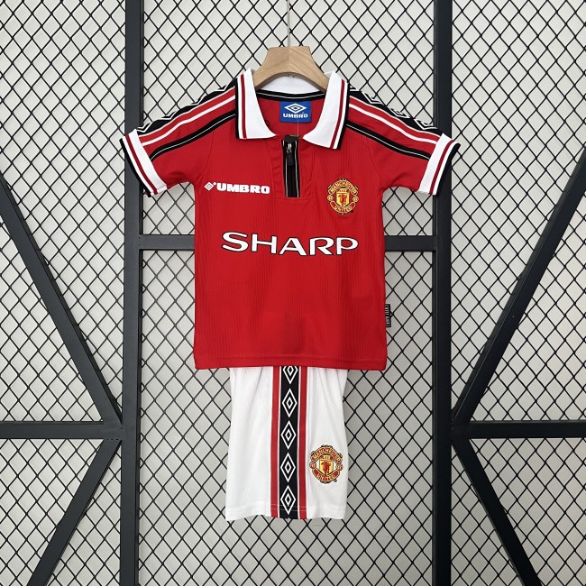 Retro Youth Uniform Kids Kit 1998-1999 Manchester United Home Soccer Jersey Shorts Vintage Child Football Set