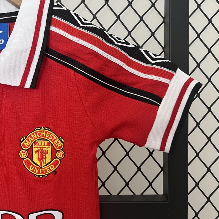 Retro Youth Uniform Kids Kit 1998-1999 Manchester United Home Soccer Jersey Shorts Vintage Child Football Set