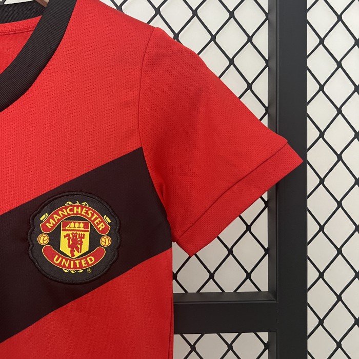 Retro Youth Uniform Kids Kit 2009-2010 Manchester United Home Soccer Jersey Shorts Vintage Child Football Set