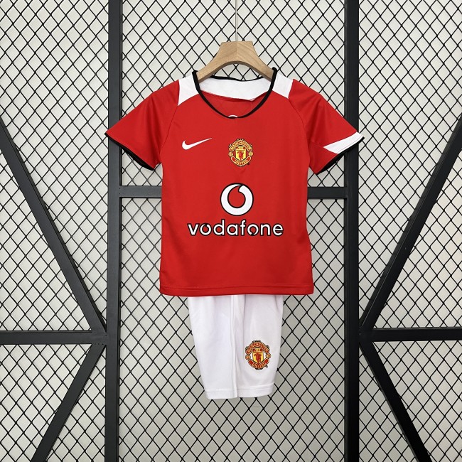Retro Youth Uniform Kids Kit 2005-2006 Manchester United Home Soccer Jersey Shorts Vintage Child Football Set