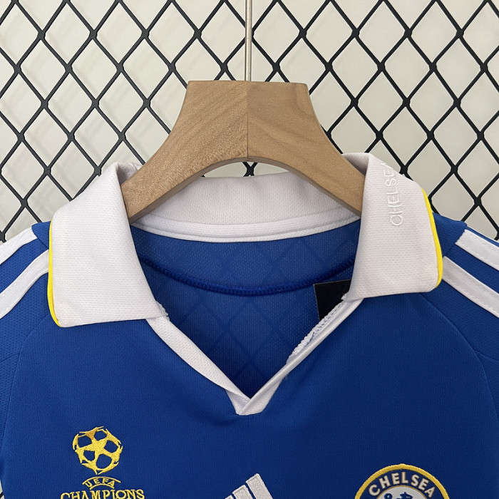 with Front Lettering Retro Youth Uniform Kids Kit 2008-2009 Chelsea UCL Final Home Soccer Jersey Shorts Vintage Child Football Set