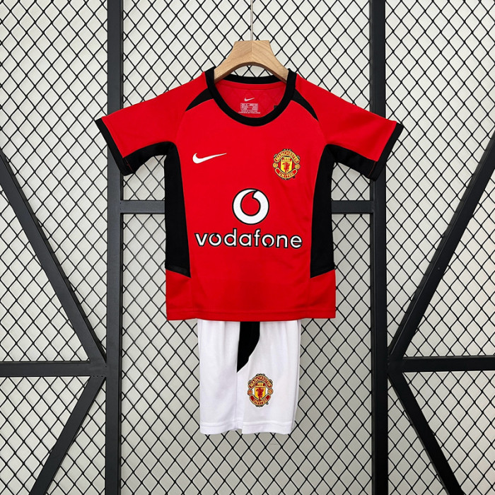 Retro Youth Uniform Kids Kit 2002-2004 Manchester United Home Soccer Jersey Shorts Vintage Child Football Set