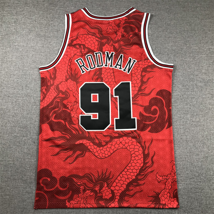 Mitchell&ness 1997-98 Chicago Bulls 91 RODMAN Basketball Shirt Red Dragon NBA Jersey