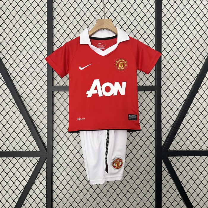 Retro Youth Uniform Kids Kit 2010-2011 Manchester United Home Soccer Jersey Shorts Vintage Child Football Set
