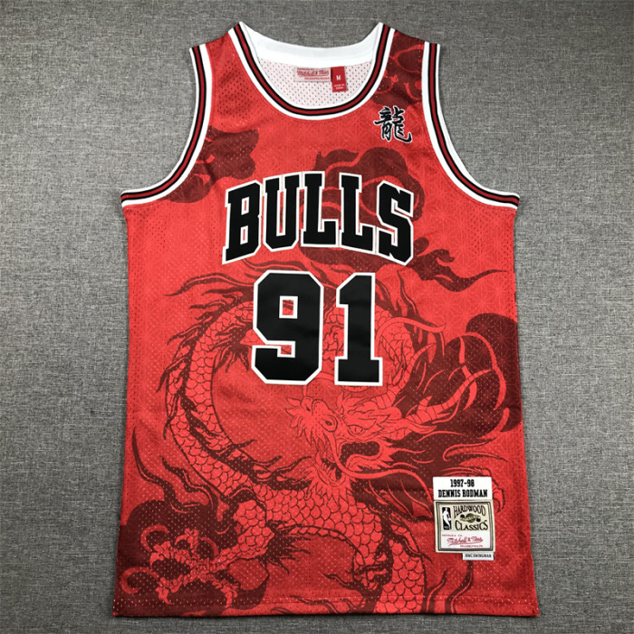 Mitchell&ness 1997-98 Chicago Bulls 91 RODMAN Basketball Shirt Red Dragon NBA Jersey