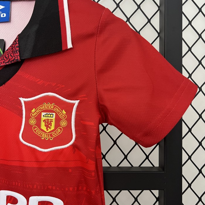 Retro Youth Uniform Kids Kit 1994-1996 Manchester United Home Soccer Jersey Shorts Vintage Child Football Set