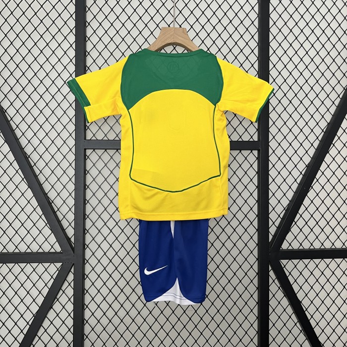 Retro Youth Uniform Kids Kit 2004 Brazil Home Soccer Jersey Shorts Brasil Child Football Set