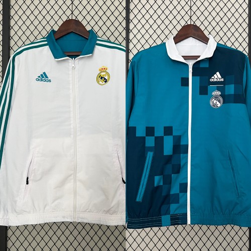 2024 Real Madrid White/Green Trench Coat Soccer Reversible Windbreaker Jacket