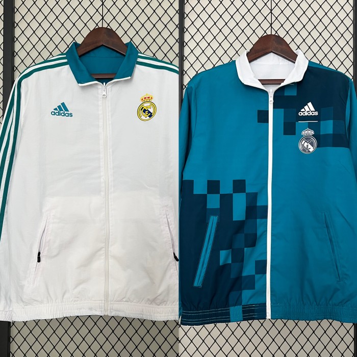 2024 Real Madrid White/Green Trench Coat Soccer Reversible Windbreaker Jacket