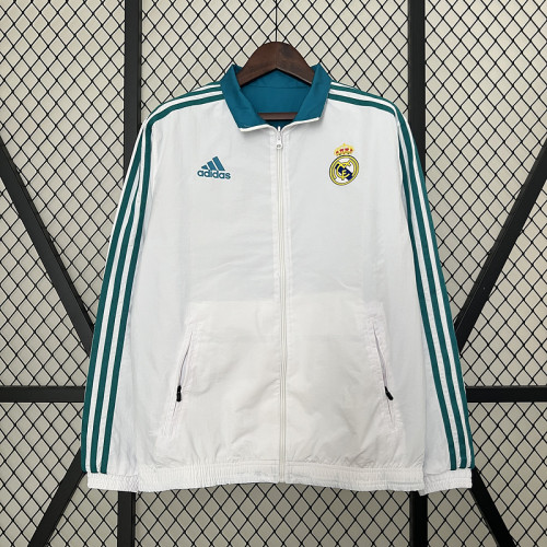 2024 Real Madrid White/Green Trench Coat Soccer Reversible Windbreaker Jacket