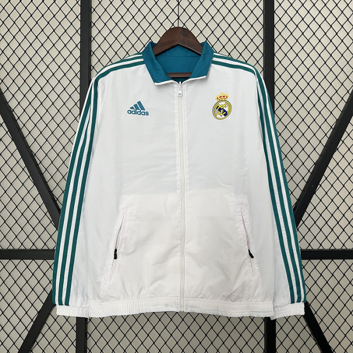 2024 Real Madrid White/Green Trench Coat Soccer Reversible Windbreaker Jacket