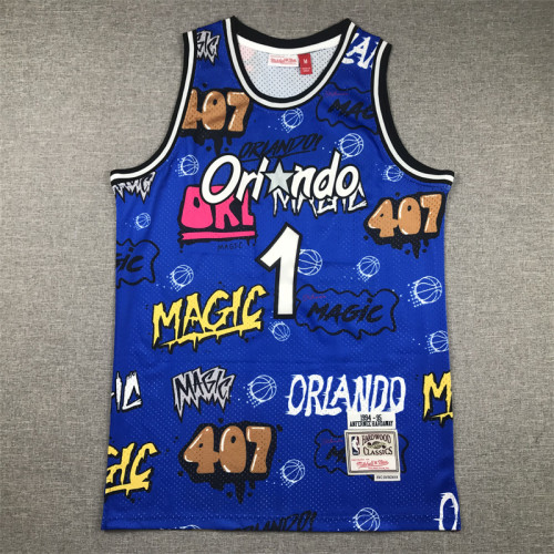 Mitchell&ness 1994-95 Orlando Magic Blue Graffiti Basketball Shirt 1 McGRADY NBA Jersey