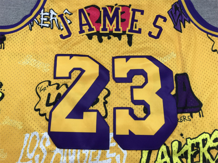 Mitchell&ness 2018-19 Los Angeles Lakers 23 JAMES Basketball Shirt Yellow Graffiti NBA Jersey