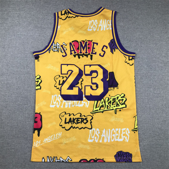 Mitchell&ness 2018-19 Los Angeles Lakers 23 JAMES Basketball Shirt Yellow Graffiti NBA Jersey