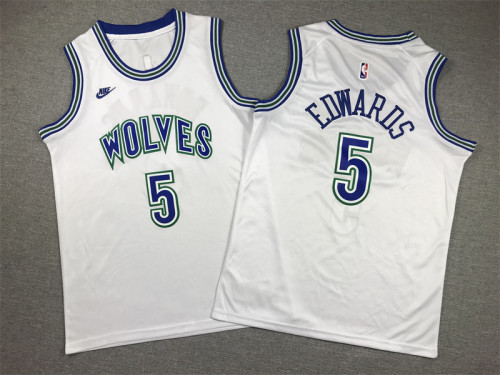 Youth Minnesota Timberwolves 5 EDWARDS White NBA Jersey Kids Basketball Shirt