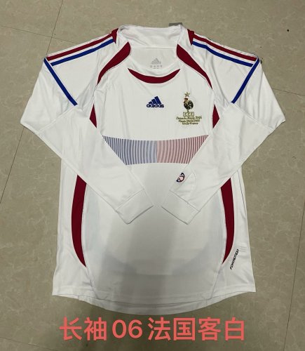 with Front Lettering Long Sleeve Retro Jersey 2006 France Away White Soccer Jersey Vintage Football Shirt