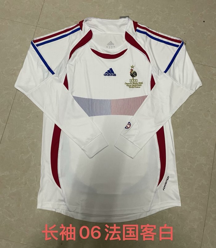 with Front Lettering Long Sleeve Retro Jersey 2006 France Away White Soccer Jersey Vintage Football Shirt