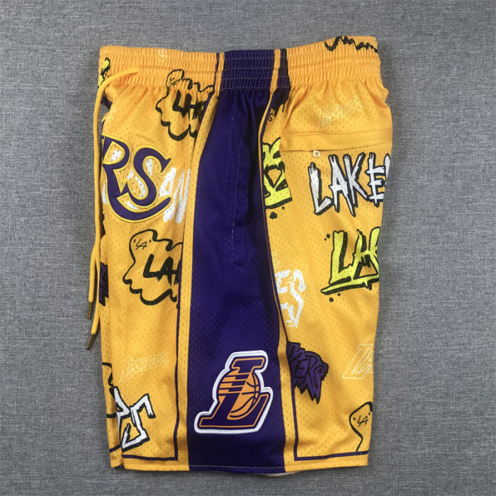 with Pocket Los Angeles Lakers NBA Shorts Yellow Graffiti Basketball Shorts