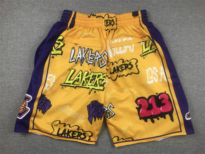 with Pocket Los Angeles Lakers NBA Shorts Yellow Graffiti Basketball Shorts