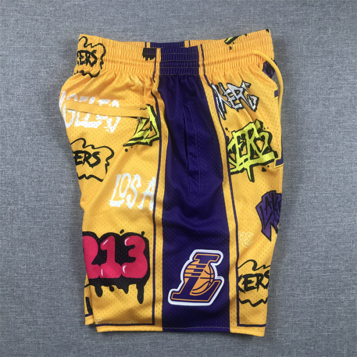 with Pocket Los Angeles Lakers NBA Shorts Yellow Graffiti Basketball Shorts