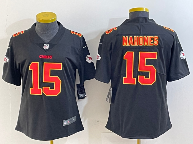 Youth Patrick Mahomes #15 Kansas City Chiefs Black/Gold Stitched Jersey Women NFL Shirt
