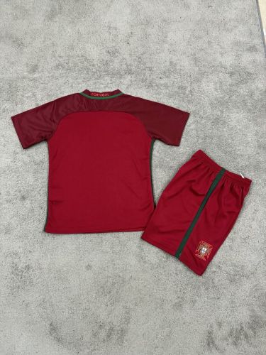 Retro Youth Uniform Kids Kit 2016 Portugal Home Soccer Jersey Shorts Child Football Set