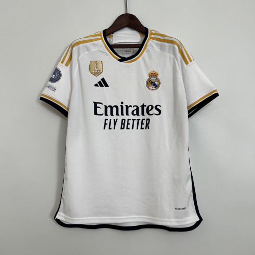 with Golden FIFA+15 Cup Patch Fan Version 2023-2024 Real Madrid Home Soccer Jersey Real Football Shirt