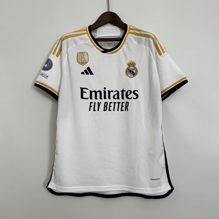 with Golden FIFA+15 Cup Patch Fan Version 2023-2024 Real Madrid Home Soccer Jersey Real Football Shirt