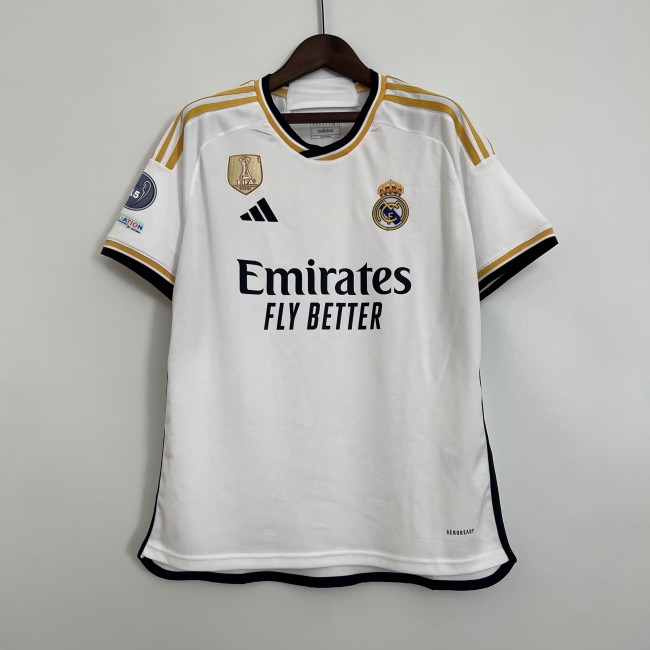 with Golden FIFA+15 Cup Patch Fan Version 2023-2024 Real Madrid Home Soccer Jersey Real Football Shirt
